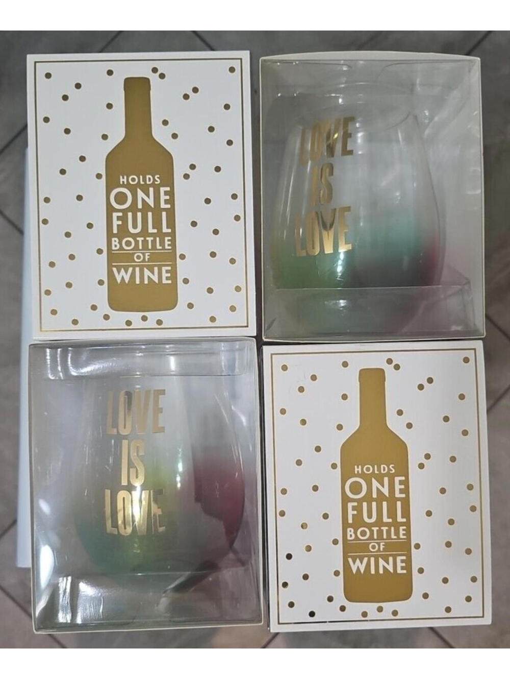 Lot of 4 - Slant Collections jumbo stemless wine glass 30 fl oz Love is Love New